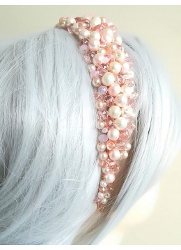 Дизайнерска диадема с кристали и перли в розово модел Pink Crystals and Pearls by Rosie
